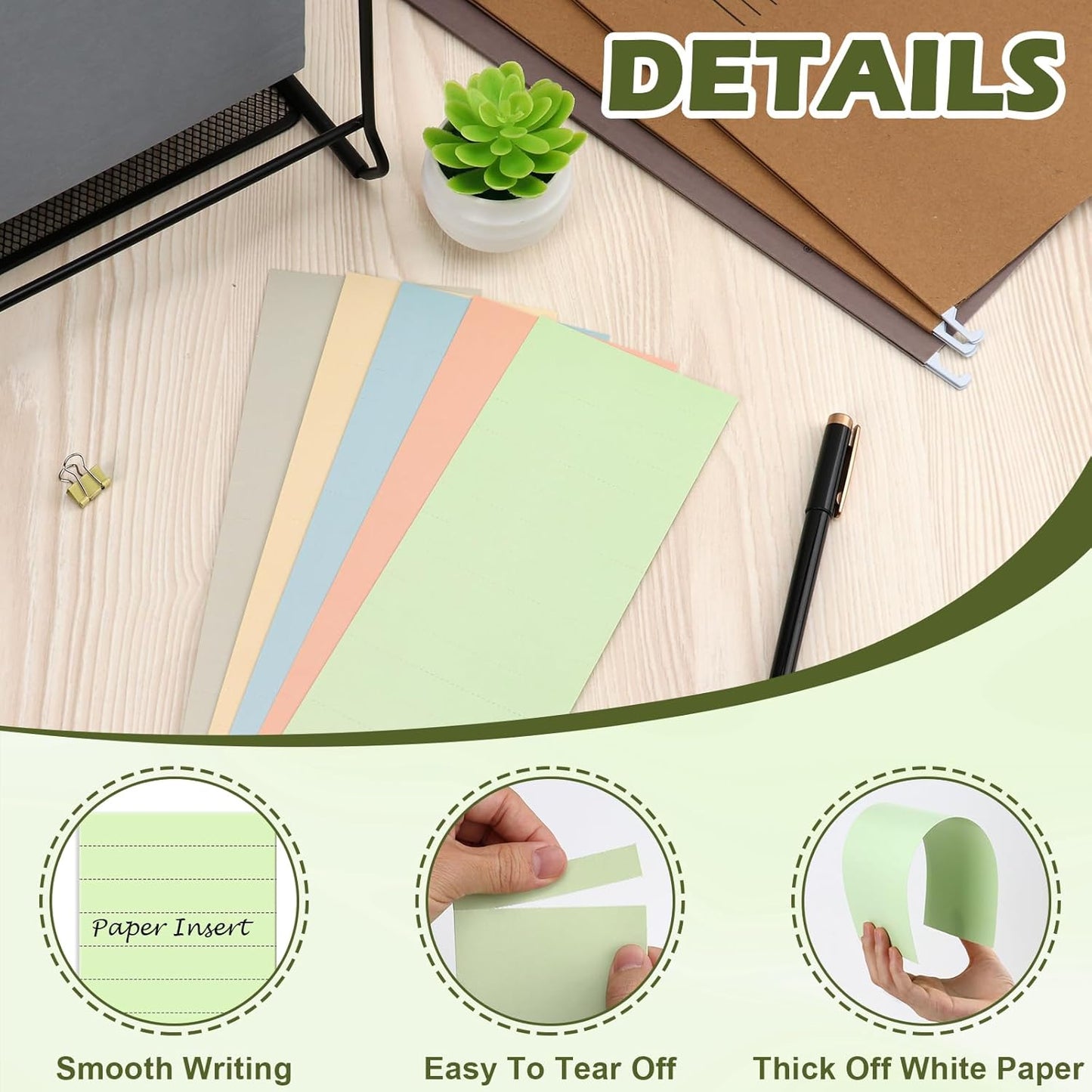 100 Pcs Hanging File Folder Paper Inserts 3-1/2 Inch Off White Blank File Tab Inserts Thick Cardstock for Hanging Folder (3.5×0.6 inch)(No Tab Included)