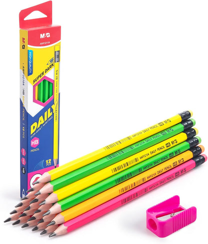 M&G Daily Series 24 Pack HB Pencils, Pre-Sharpened Hexagonal Wood-Cased Pencils with Erasers, 4 Color Barrels, Includes 2 Mini Sharpeners for Writing Drawing and School Office Supplies