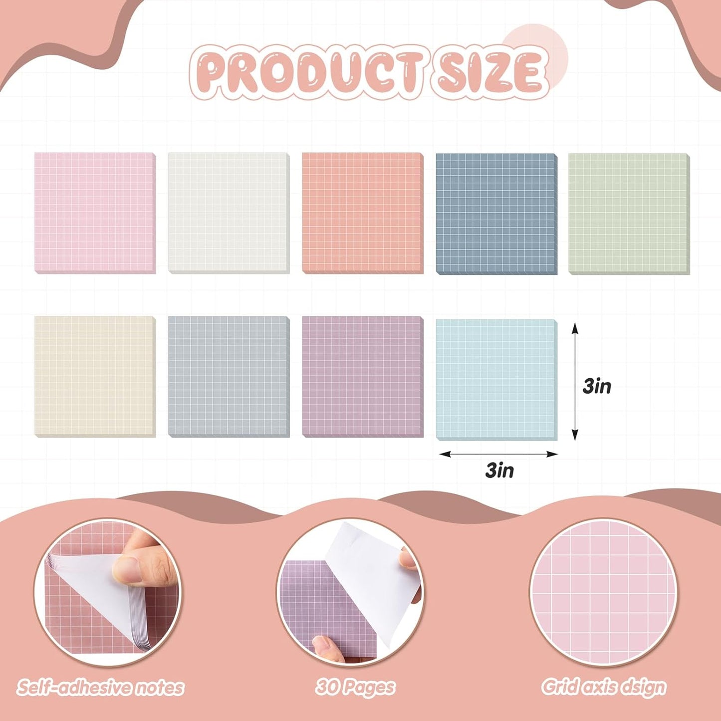 Jecery 9 Pack 4 x 6 Inch Grid Sticky Notes Self Adhesive Memo Pad Cute Graph Paper Self Stick Note Pads with Grid Lines for Gifts Office Supplies, 270 Sheets(Soft Colors)