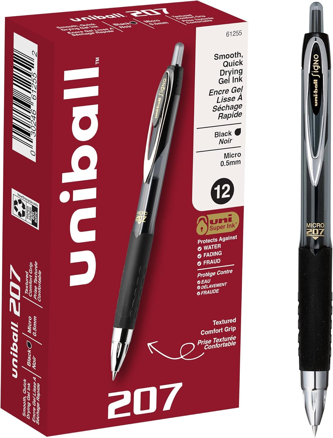uniball 207 Plus+ Retractable Gel Pens, Medium Point (0.7mm), Black, 4 Pack