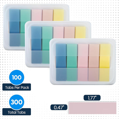 Essex Wares - 300 Pieces - Transparent Sticky Notes Tabs with Case - 5 Light Pastel Colors - 3 Cases - 1.8" x 0.4" - 60 Pieces - Pop Up Index Tabs - Book Flags for Annotating - Book Sticky Tabs