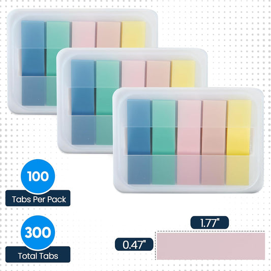 Essex Wares - 300 Pieces - Transparent Sticky Notes Tabs with Case - 5 Light Pastel Colors - 3 Cases - 1.8" x 0.4" - 60 Pieces - Pop Up Index Tabs - Book Flags for Annotating - Book Sticky Tabs