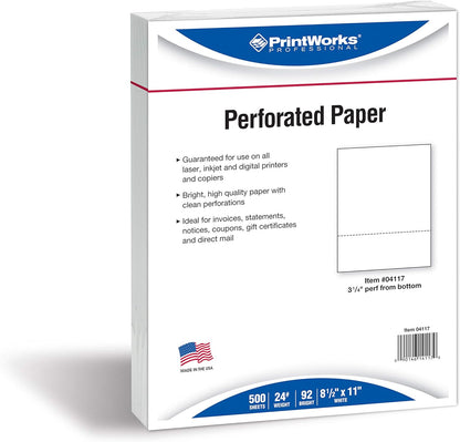 PrintWorks Professional 3 2/3" Horizontal Perforated Paper 8.5” x 11” - Perfect For W-2, 1099, & Statement Use - Made in the USA - 500 Sheets - 20 lb - Printer Compatible - White (04124)