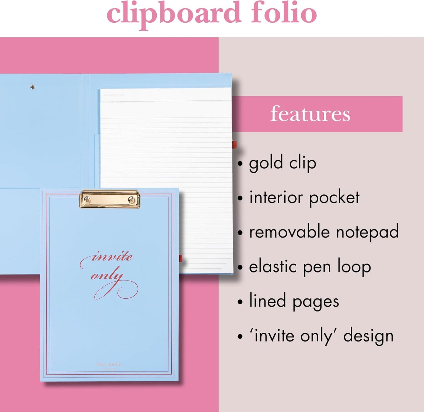 Kate Spade New York Clipboard Folio with Low Profile Clip, Black Professional Padfolio Includes Lined Notepad, Pen Loop, and Pocket, Polka Dots