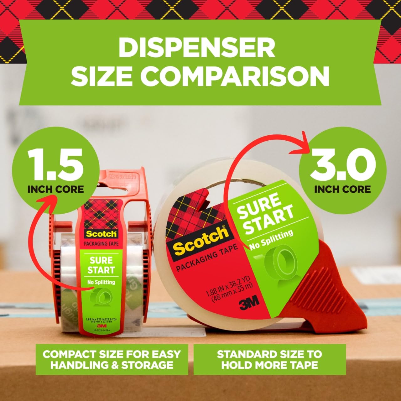 Scotch Sure Start Packing Tape, Clear, Quiet Unwind and Easy Start, Moving Supplies, 1.88 inch x 22.2 Yard, 2 Tape Rolls with Dispensers