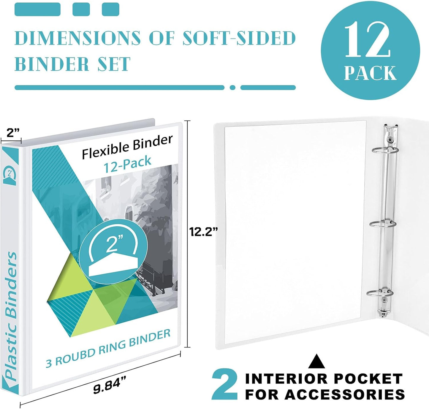 Fulmoon 12 Pcs Economy View 3 Ring Plastic Binder 12.2 x 9.8 Inch Plastic Round Ring Binders with Pockets Notebinder for Meetings for Home, Office, School(White, 1/2 Inch)