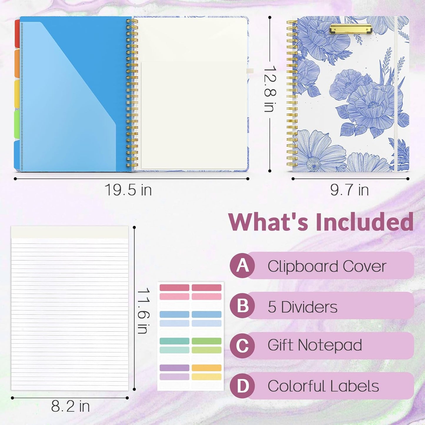 Sooez Clipboard with Refillable Notepad, Clipboard Folder with 10 Storage Pockets for Letter Size, Spiral Clipboard Notebook, Cute Portfolio for School Office Nursing