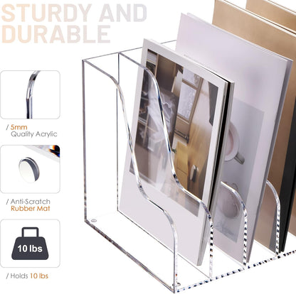 SANRUI Desk Organizer Clear Acrylic Desk Magazine File Holder with 3 Vertical Sections Magazine Rack File Organizer for Office, Home, School