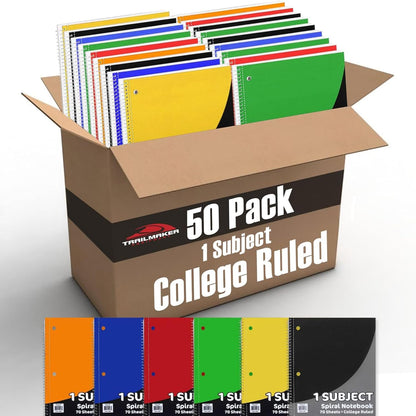 Trail maker Bulk Notebooks (50 Pack), One Subject Notebooks College Ruled, 140 Pages (70 Sheets),Spiral Bulk Notebooks for Kids, School Supplies, Journaling, Note Taking, Students, and Work