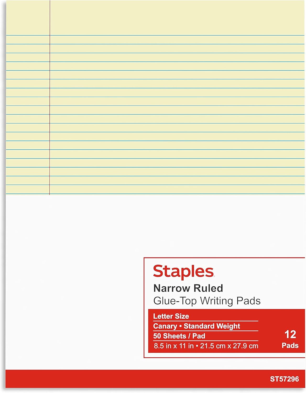 STAPLES Notepads, 8.5” x 11”, Narrow Ruled, White, 50 Sheets/Pad, 12‑Pack
