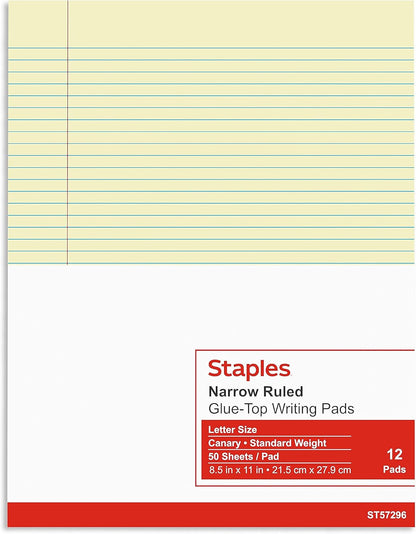 STAPLES Notepads, 8.5” x 11”, Narrow Ruled, White, 50 Sheets/Pad, 12‑Pack