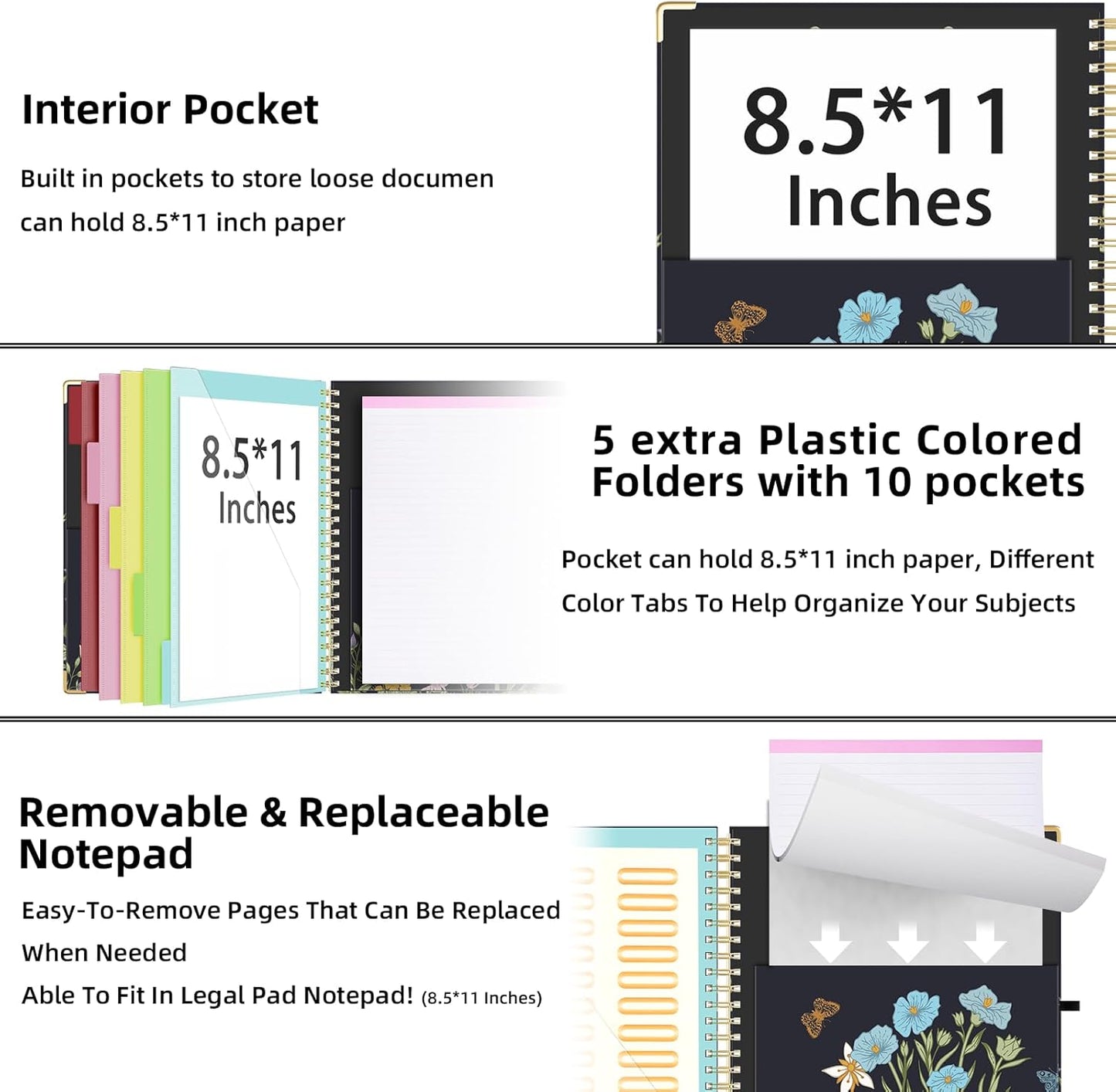 Ospelelf Clipboard with Storage 8.5 X 11，Padfolio Organizer, Spiral Portfolio Letter Size with Notepad, Pen Holder, 5 Extra Folder Divider Pages, Elastic Closure Nurse Office Essentials (Polka Dots)