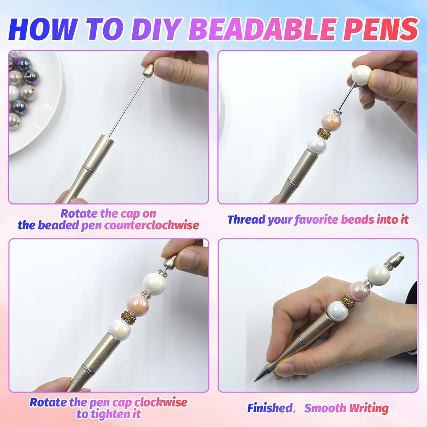 150 Pieces DIY Beadable Pen Kit – 50 Plastic Ballpoint Pens with Refills & Bags, Beads Not Included – School Supplies, Office Accessories & Craft Gifts for Students & Teachers (Multicolor)