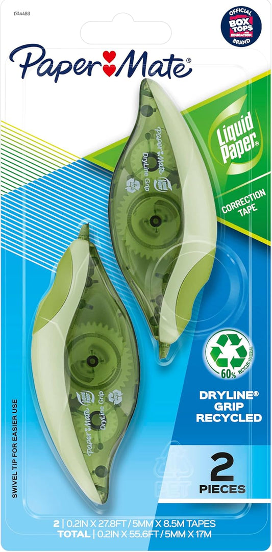 Paper Mate Liquid Paper DryLine Grip Correction Tape, Mess-Free, Recycled, 2 Count - Home, Office, Teacher Supplies, College Essentials