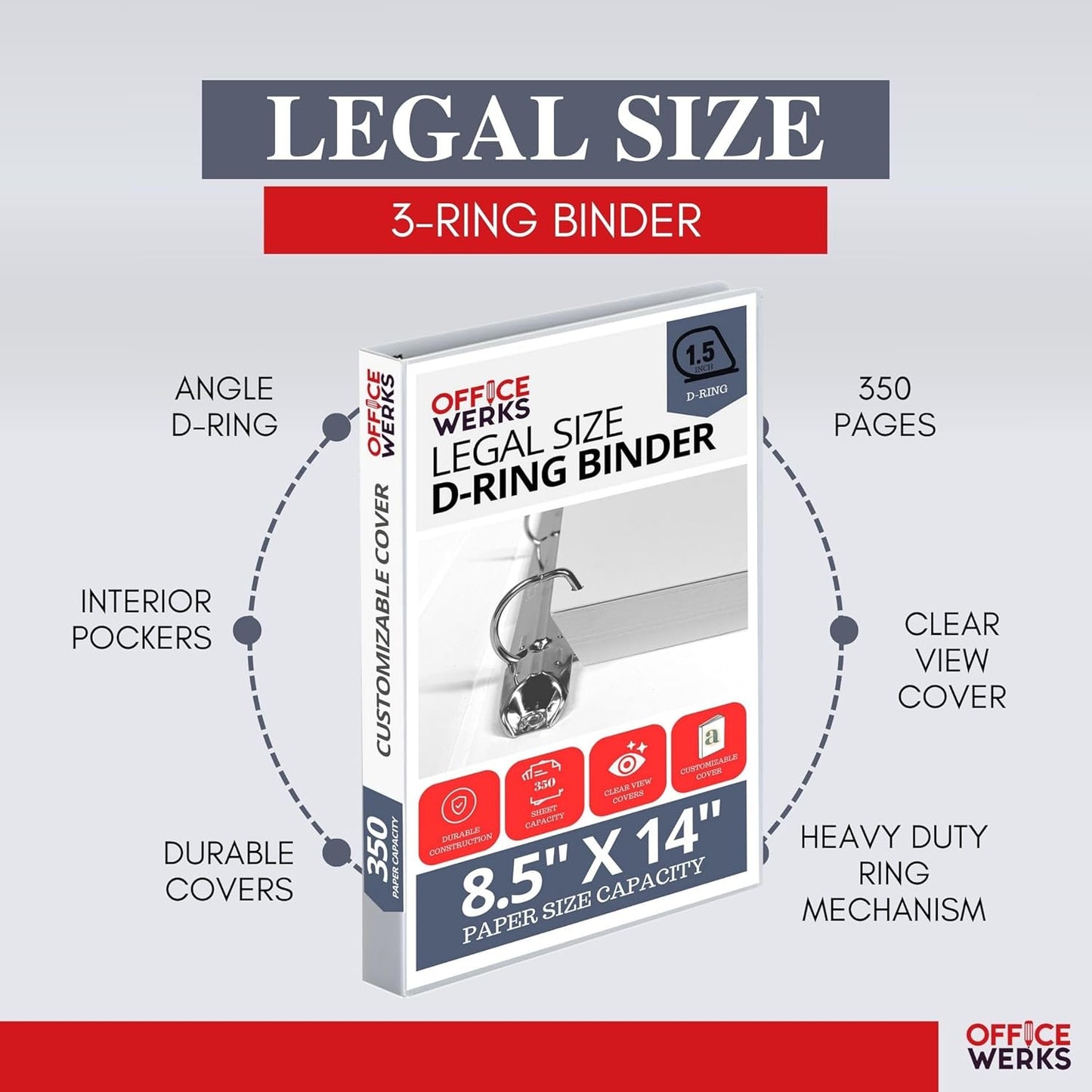 Performore - Office Werks Heavy Duty Legal Size View Binder - 14" x 8.5", White, 1.5 Inch D-Ring, Back Mount Binder