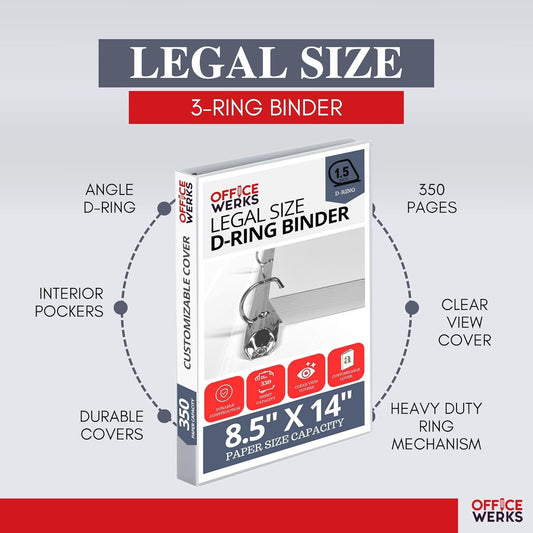 Performore - Office Werks Heavy Duty Legal Size View Binder - 14" x 8.5", White, 1.5 Inch D-Ring, Back Mount Binder
