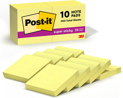 Post-it Super Sticky Notes, 2 in x 2 in, 10 Pads, 2X Sticking Power, Canary Yellow, Recyclable (622-10SSCY)