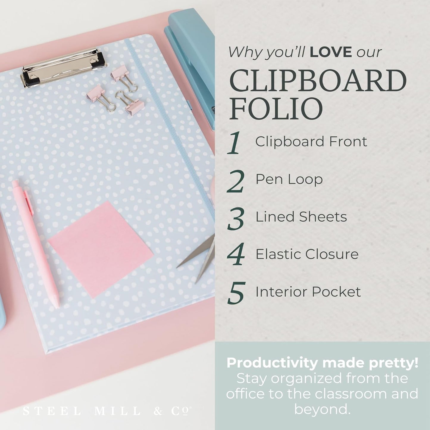 Steel Mill & Co Cute Clipboard Folio with Refillable Lined Notepad and Interior Storage Pocket, Floral Padfolio for Work, Garden Blooms Cream