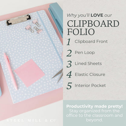 Steel Mill & Co Cute Clipboard Folio with Refillable Lined Notepad and Interior Storage Pocket, Floral Padfolio for Work, Garden Blooms Cream