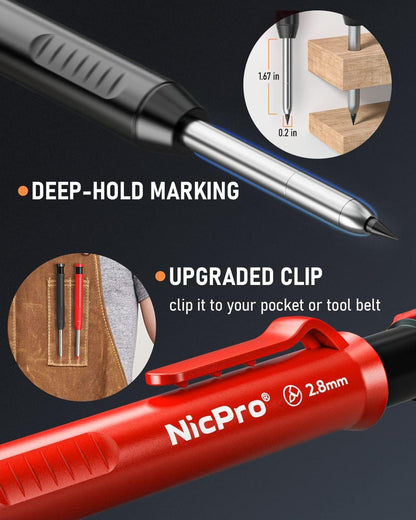 Nicpro Carpenter Pencil with Sharpener, Mechanical Pencils Set with 26 Refills, Deep Hole Marker for Construction, Heavy Duty Woodworking Tools for Architect (Black, Red) - With Case