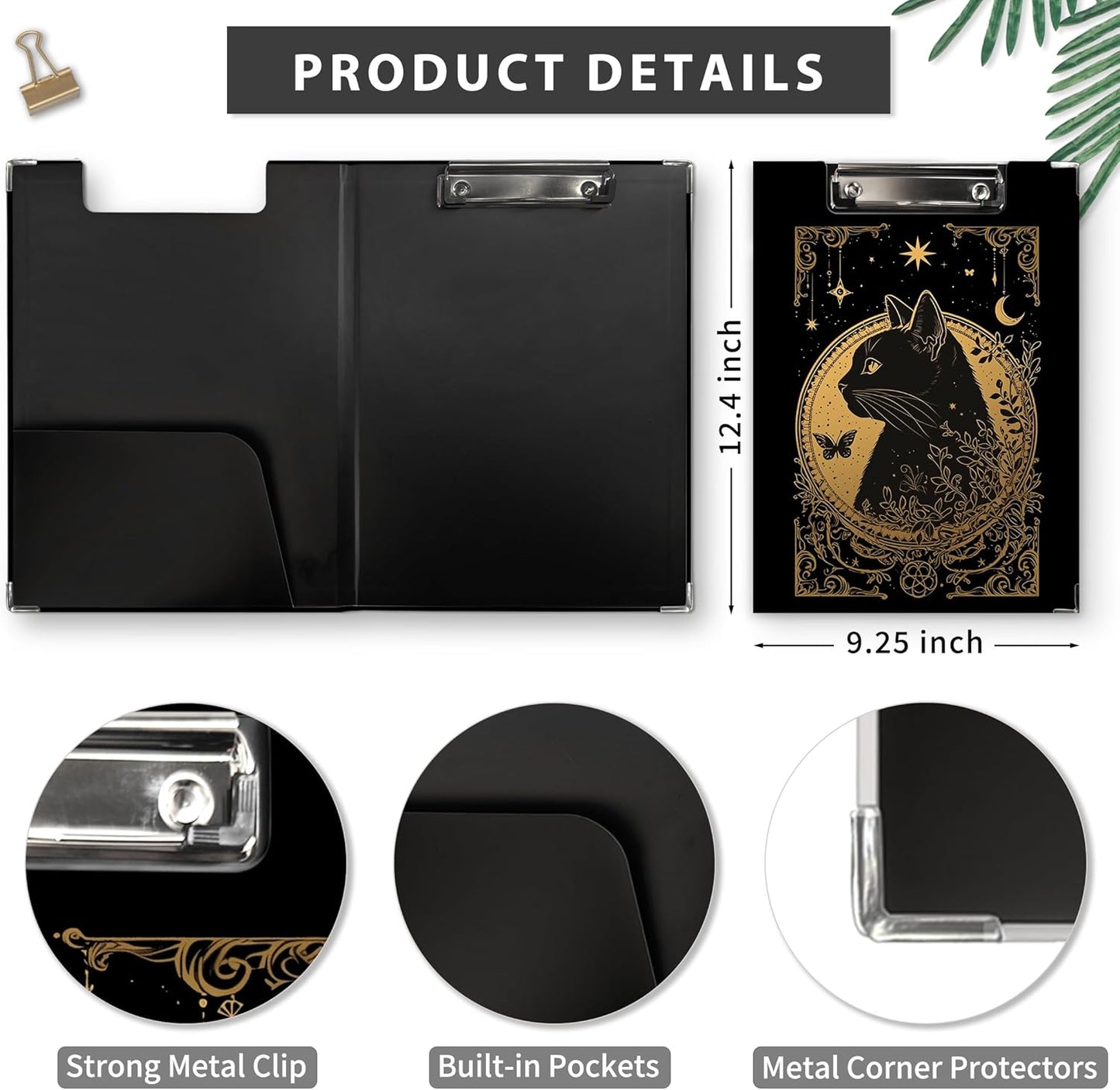 Gothic Moon Phase Clipboard Folio with Storage, Witchy Moon Decorative Clipboard Folder, Gothic Black Gold Clipboards for Women, Witchy Gifts Office Supplies, 12.4x9.2In