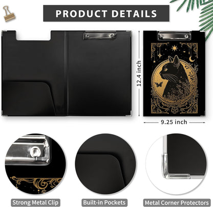 Gothic Moon Phase Clipboard Folio with Storage, Witchy Moon Decorative Clipboard Folder, Gothic Black Gold Clipboards for Women, Witchy Gifts Office Supplies, 12.4x9.2In