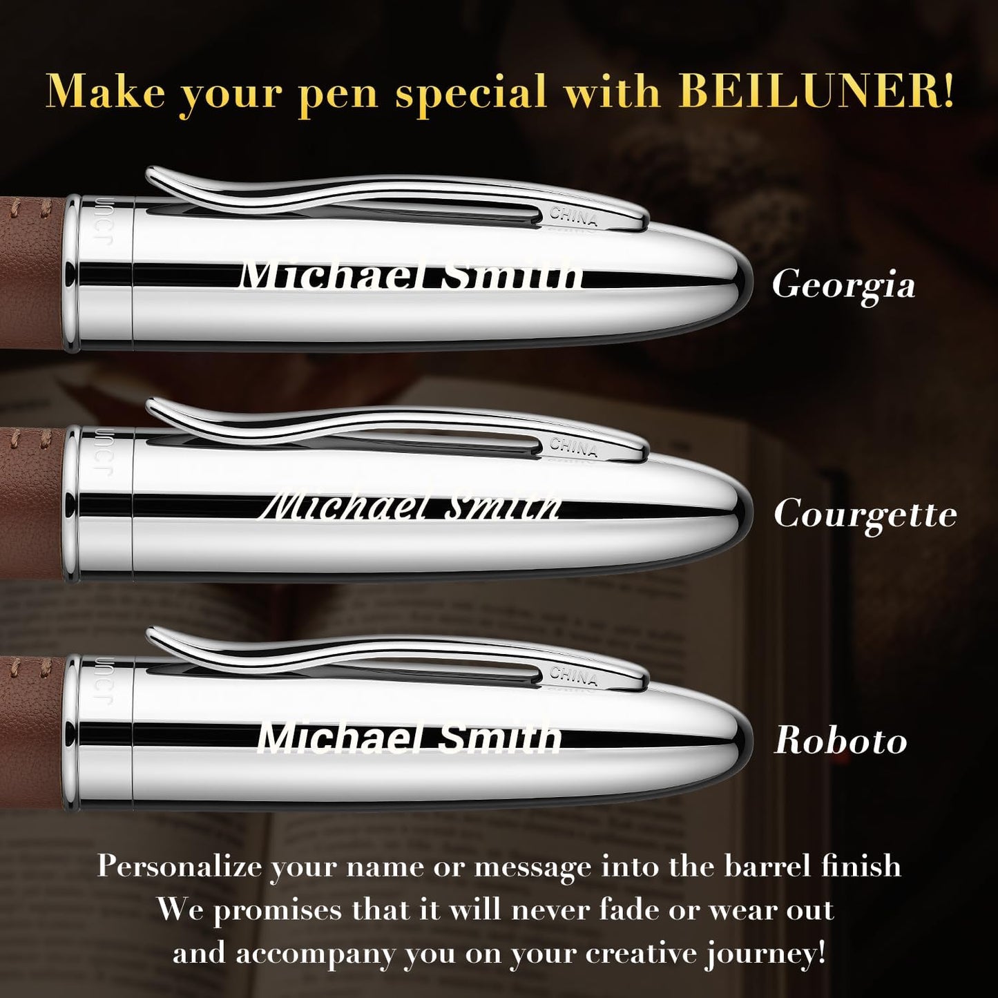 BEILUNER 318 Luxury Leather Pen, Hand-Stitched Premium Leather, Chrome-Plated Finish, Schmidt Ink Refill, Best Rollerball Pen Gift for Men & Women, Refillable, Executive Writing, Nice Pens