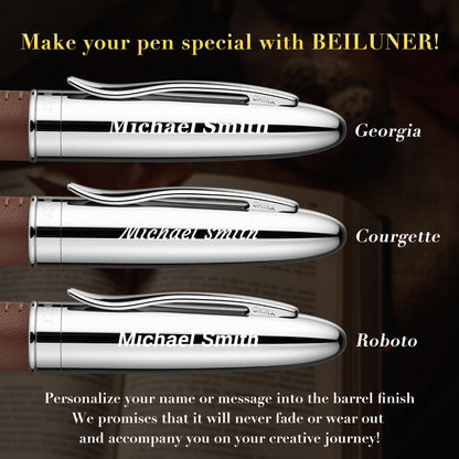 BEILUNER 318 Luxury Leather Pen, Hand-Stitched Premium Leather, Chrome-Plated Finish, Schmidt Ink Refill, Best Rollerball Pen Gift for Men & Women, Refillable, Executive Writing, Nice Pens