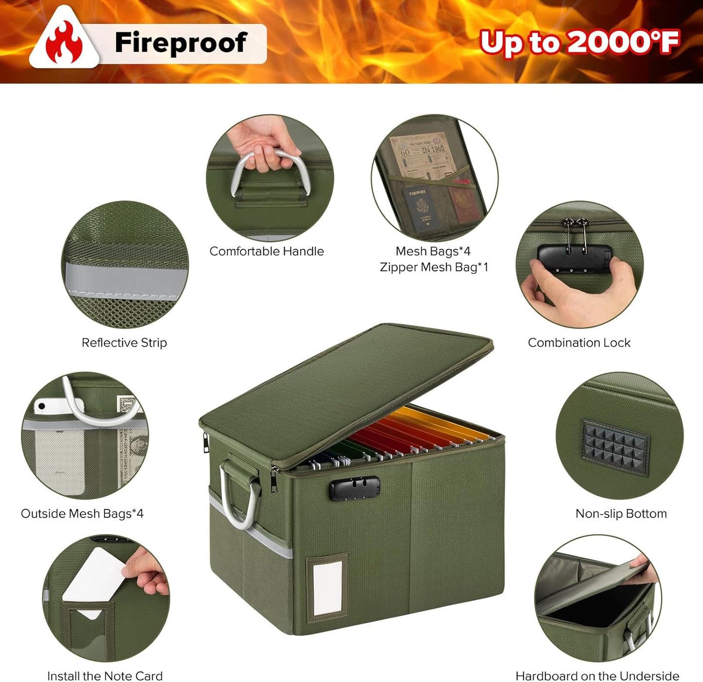 TOMKID Fireproof Document Box, Fireproof File Box with Lids, Important Document Organizer Box with Lock, Portable File Folder Organizer with Handle