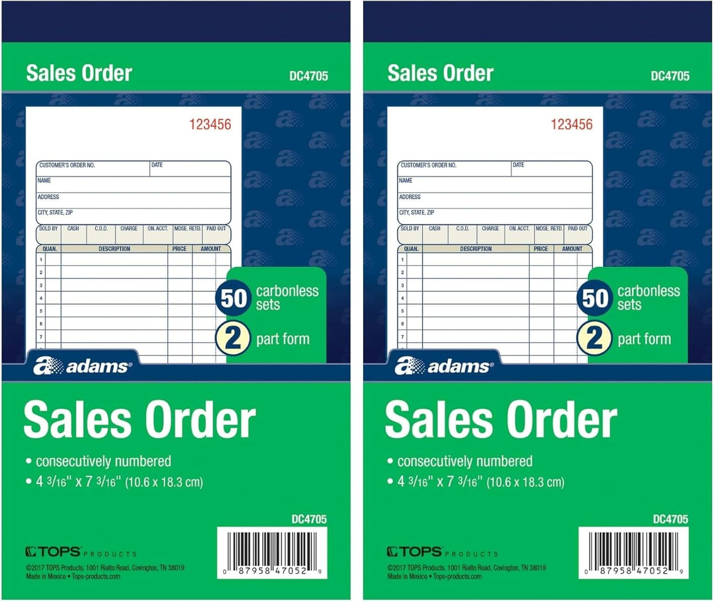 Adams Sales Order Book, 2-Part, Carbonless, White/Canary, 4-3/16 x 7-3/16 Inches, 50 Sets per Book (DC4705)