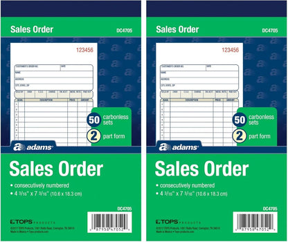 Adams Sales Order Book, 2-Part, Carbonless, White/Canary, 4-3/16 x 7-3/16 Inches, 50 Sets per Book (DC4705)