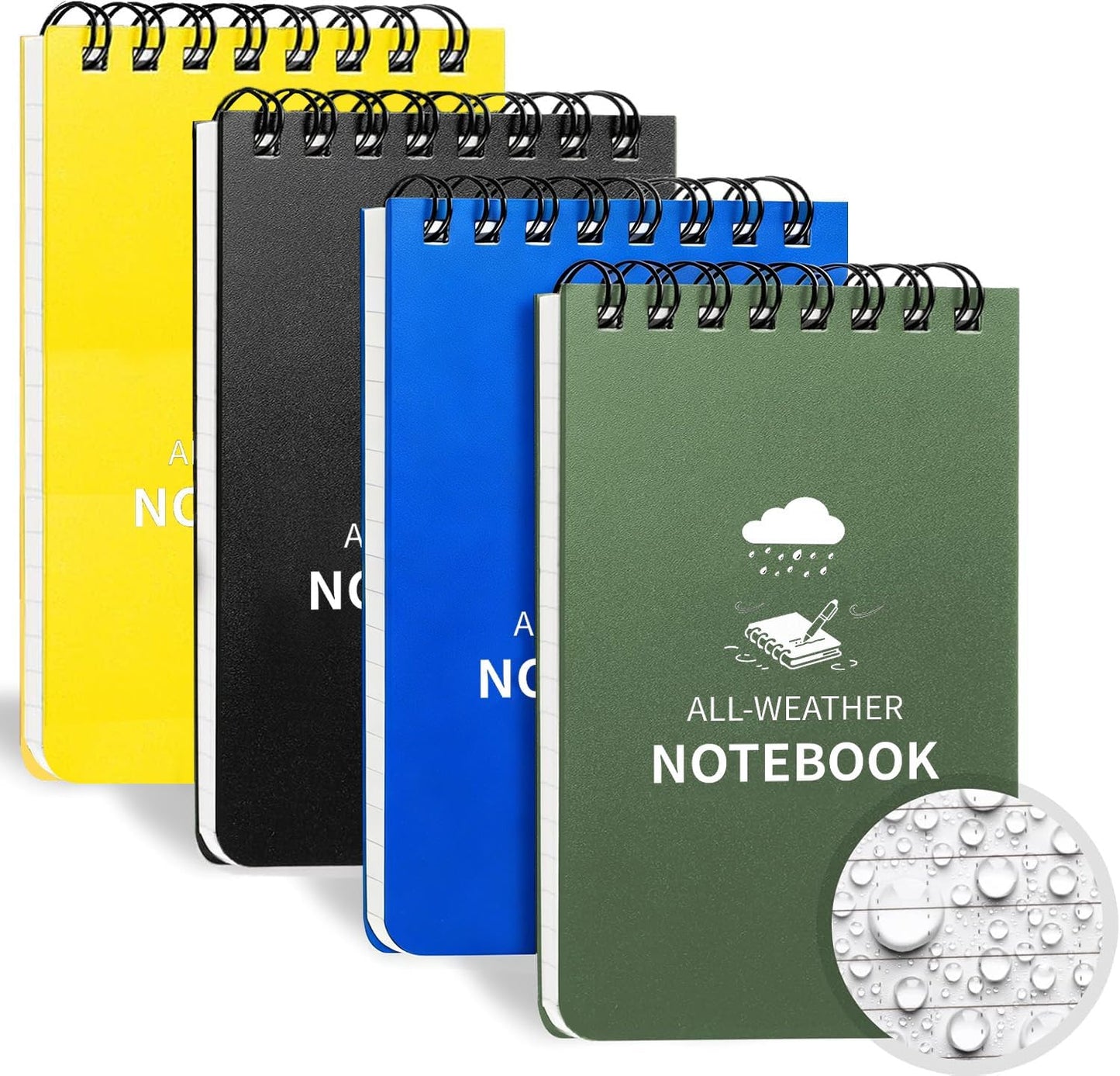 Waterproof Notebook, 4 Pack Pocket Notepad, 3" x 5" Top-Spiral Weatherproof NotePad, All Weather Police Pocket Notebook Mini Memo Steno Note Pads for Outdoor Office School Recording, Black