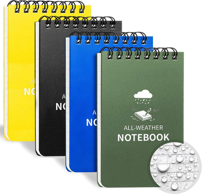 Waterproof Notebook, 4 Pack Pocket Notepad, 3" x 5" Top-Spiral Weatherproof NotePad, All Weather Police Pocket Notebook Mini Memo Steno Note Pads for Outdoor Office School Recording, Black