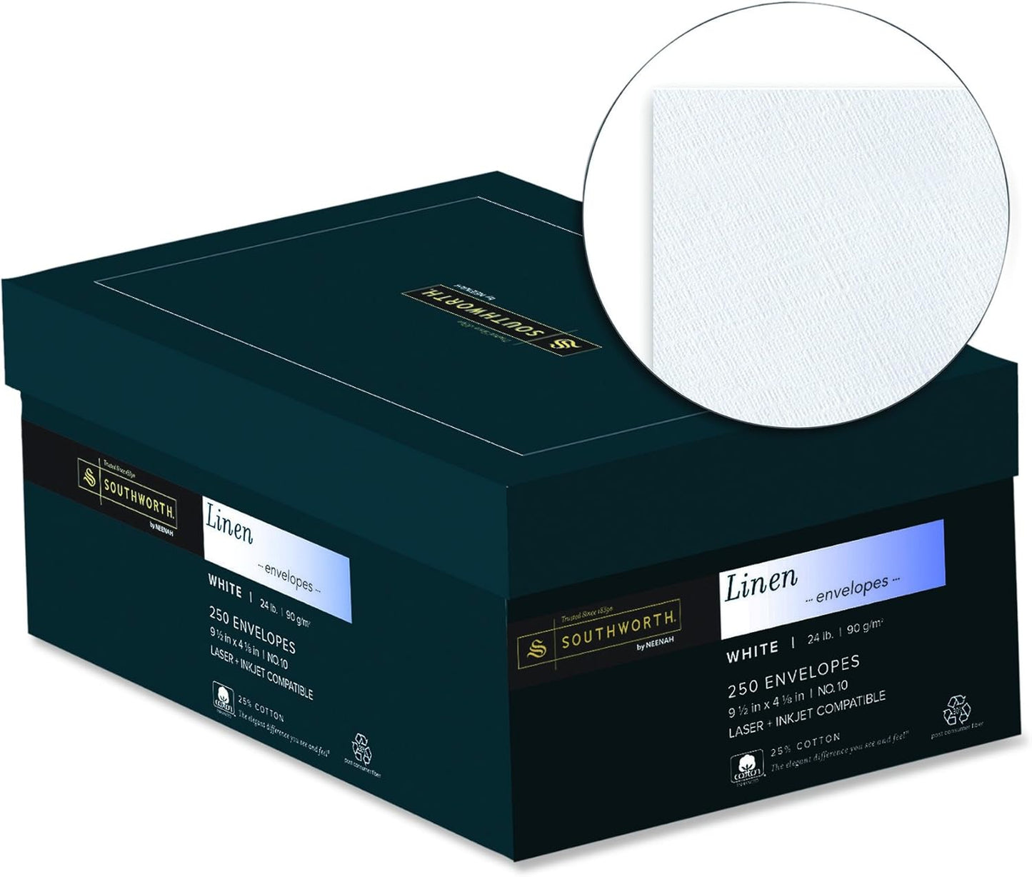 Southworth FSC Certified 55% Recycled 25% Cotton Linen Business Envelopes, #10 (4 1/8in x 9 1/2in), 24 Lb, Ivory, Box Of 250, J564-10