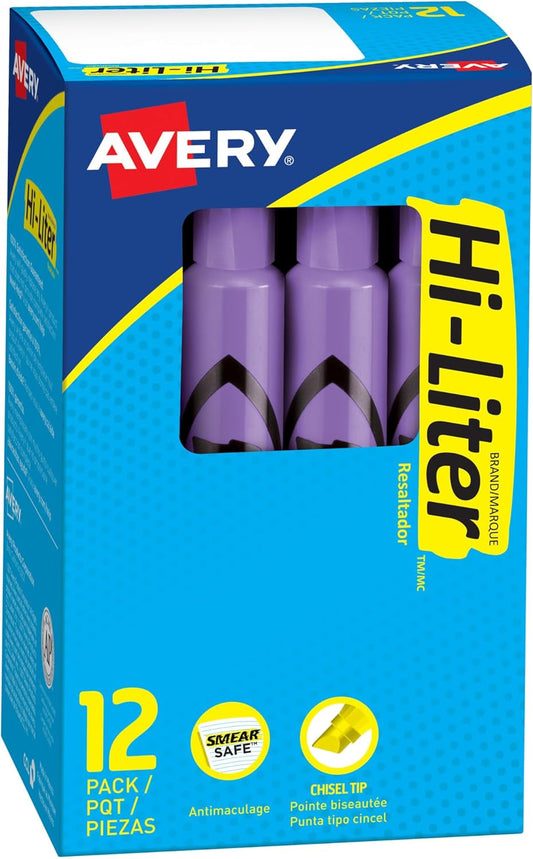 Avery Hi-Liter Desk-Style Highlighters, Smear Safe Ink, Chisel Tip, 12 Fluorescent Purple Highlighters (24060)
