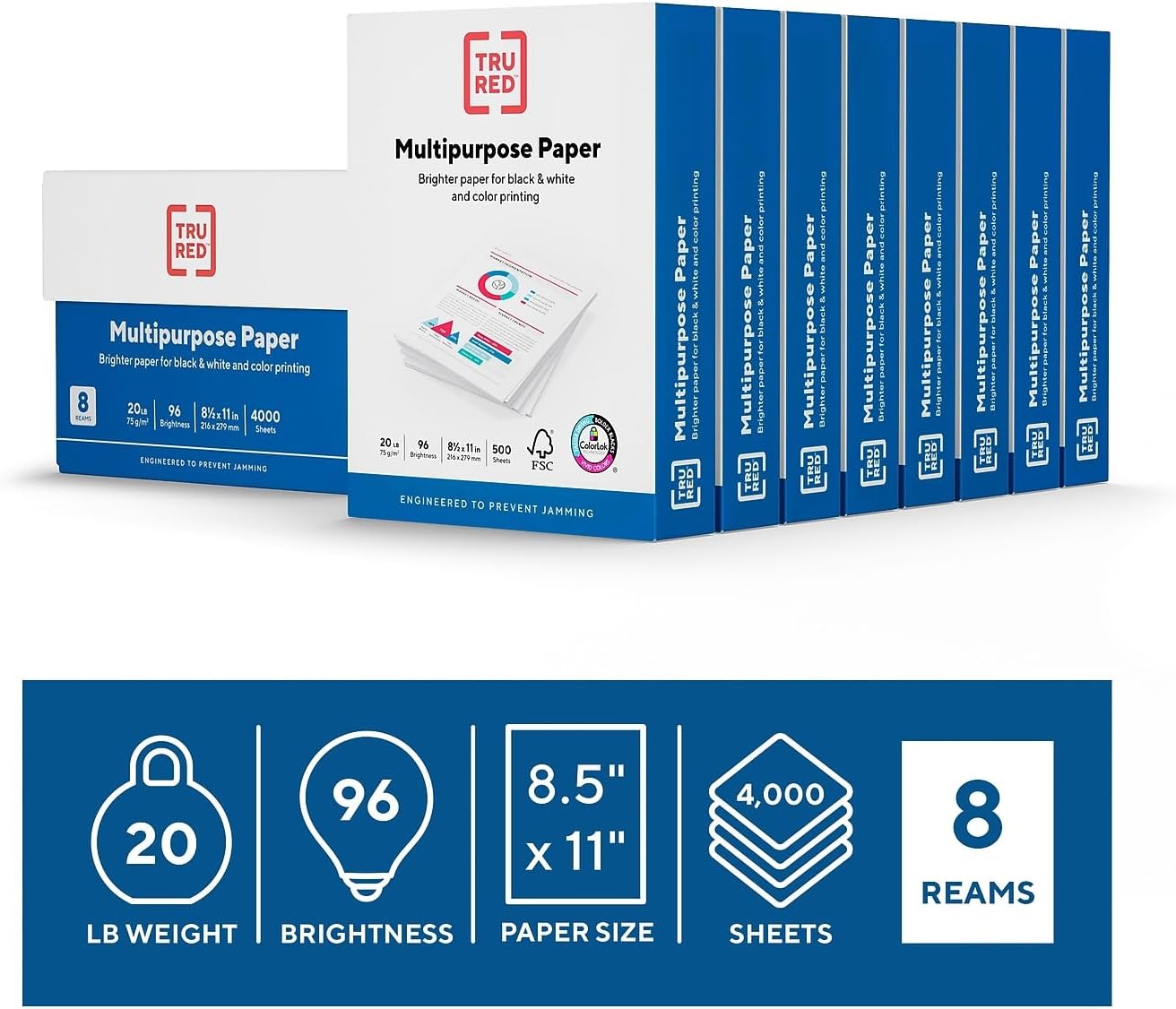 TRU RED 8.5" x 11" Multipurpose Paper, 20 lbs., 96 Brightness, 500 Sheets/Ream, 8 Reams/Carton