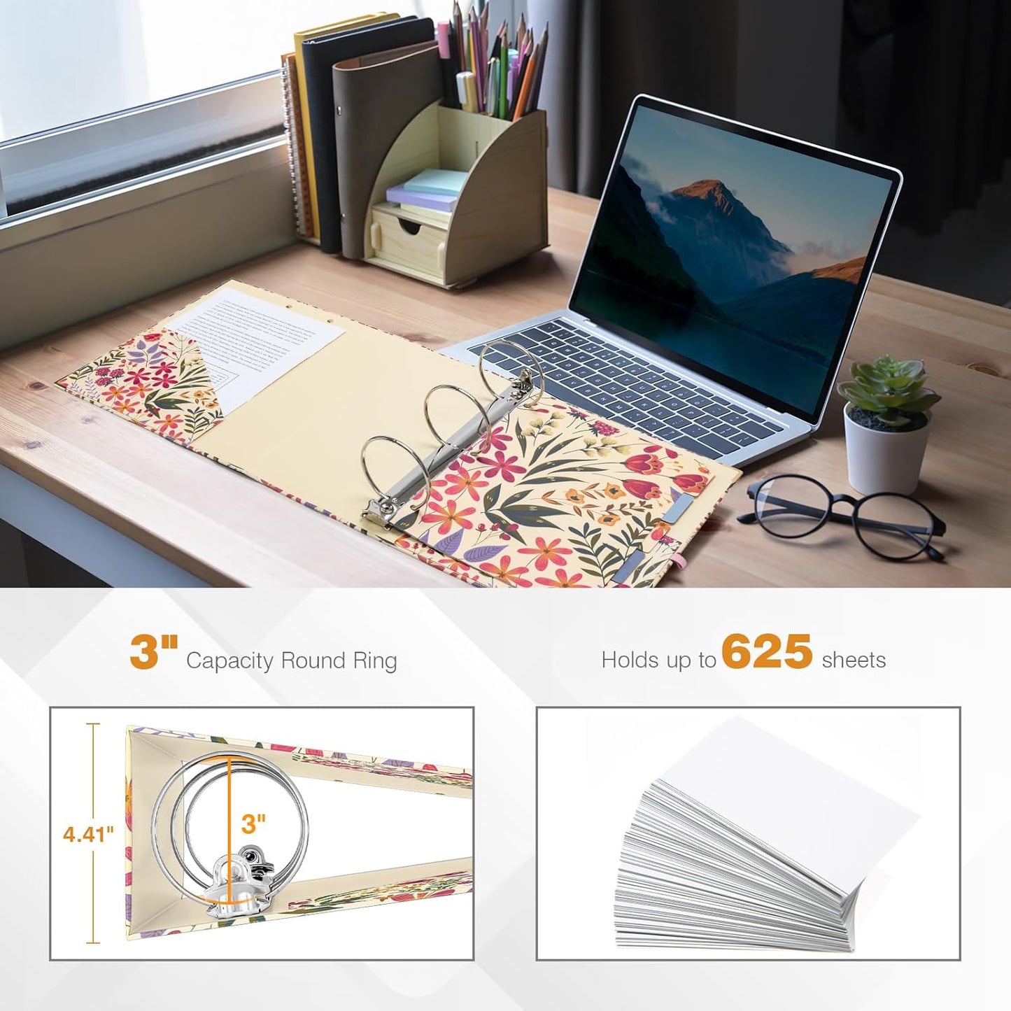 Ospelelf Binder 3 Ring 1 Inch, Floral Round Ring Clipboard Binder for Letter Size with 5 Tab Dividers, File Folder Labels, for School and Office Supplies