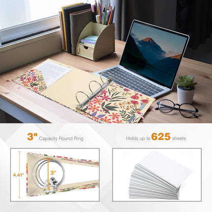 Ospelelf Binder 3 Ring 1 Inch, Floral Round Ring Clipboard Binder for Letter Size with 5 Tab Dividers, File Folder Labels, for School and Office Supplies