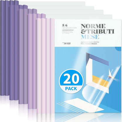 20 Pack, Clear Report Covers with Sliding Bar, 50-Sheet Capacity – Presentation Folders for Letter and A4 Sheets Size, Resume & Document Binders for Office, School, Business (Purple)