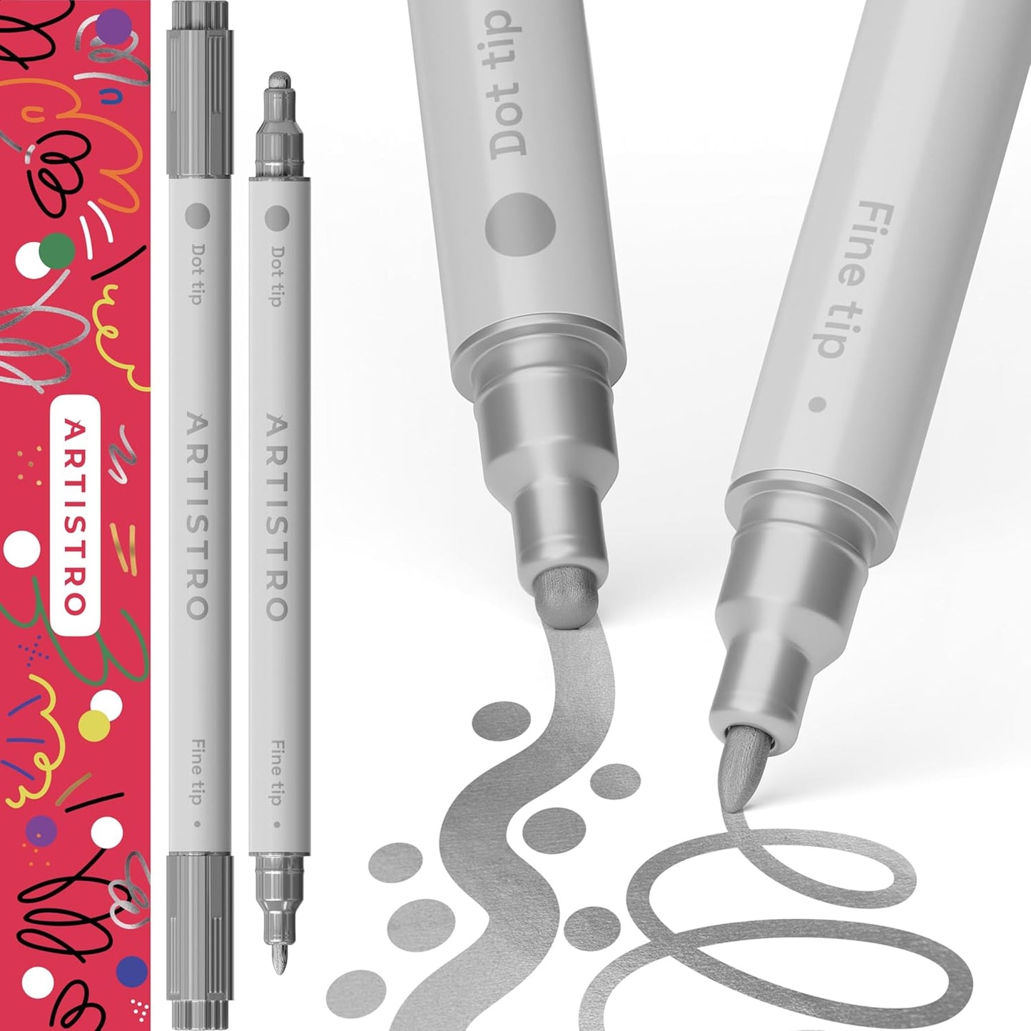 ARTISTRO 2 Red Dual-Tip Acrylic Paint Pens - Multisurface Markers for Glass, Rock, Fabric, Wood, Plastic & More - 1 mm Fine & Brush Tips