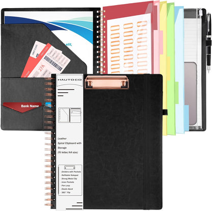 HAUTOCO Spiral Leather Clipboard Folio with Notepad (8.5 x 11''), 5 Folders with 10 Pockets, Storage Zipper Pouch, Pen Loop, 39 Stickers, Padfolio Organizer for Work School, Pink