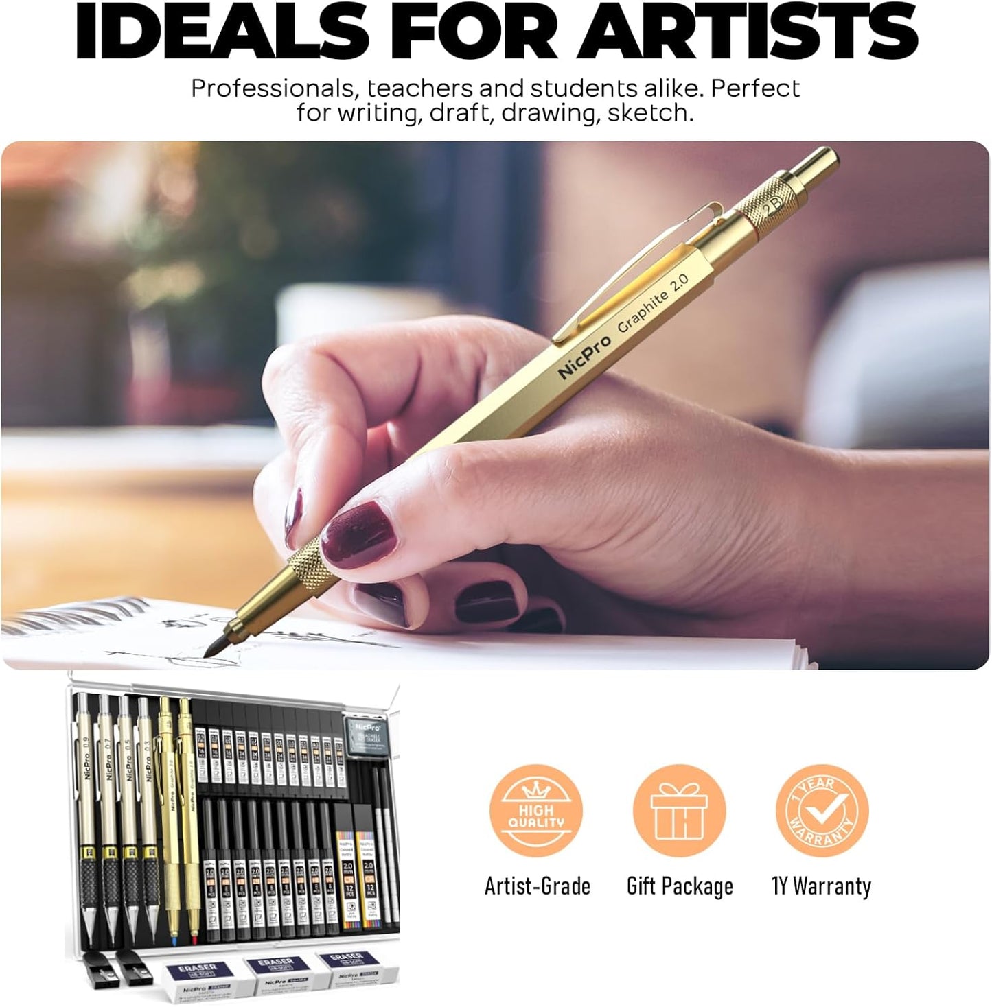 Nicpro 35PCS Art Mechanical Pencil Set, 3 PCS Metal Drafting Pencil 0.5 mm & 0.7 mm & 0.9 mm & 3 PCS 2mm Lead Holder (6B 4B 2B HB 2H 4H Colors) For Sketching Drawing With 20 Tube Lead Refills Case