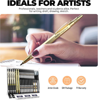 Nicpro 35PCS Art Mechanical Pencil Set, 3 PCS Metal Drafting Pencil 0.5 mm & 0.7 mm & 0.9 mm & 3 PCS 2mm Lead Holder (6B 4B 2B HB 2H 4H Colors) For Sketching Drawing With 20 Tube Lead Refills Case