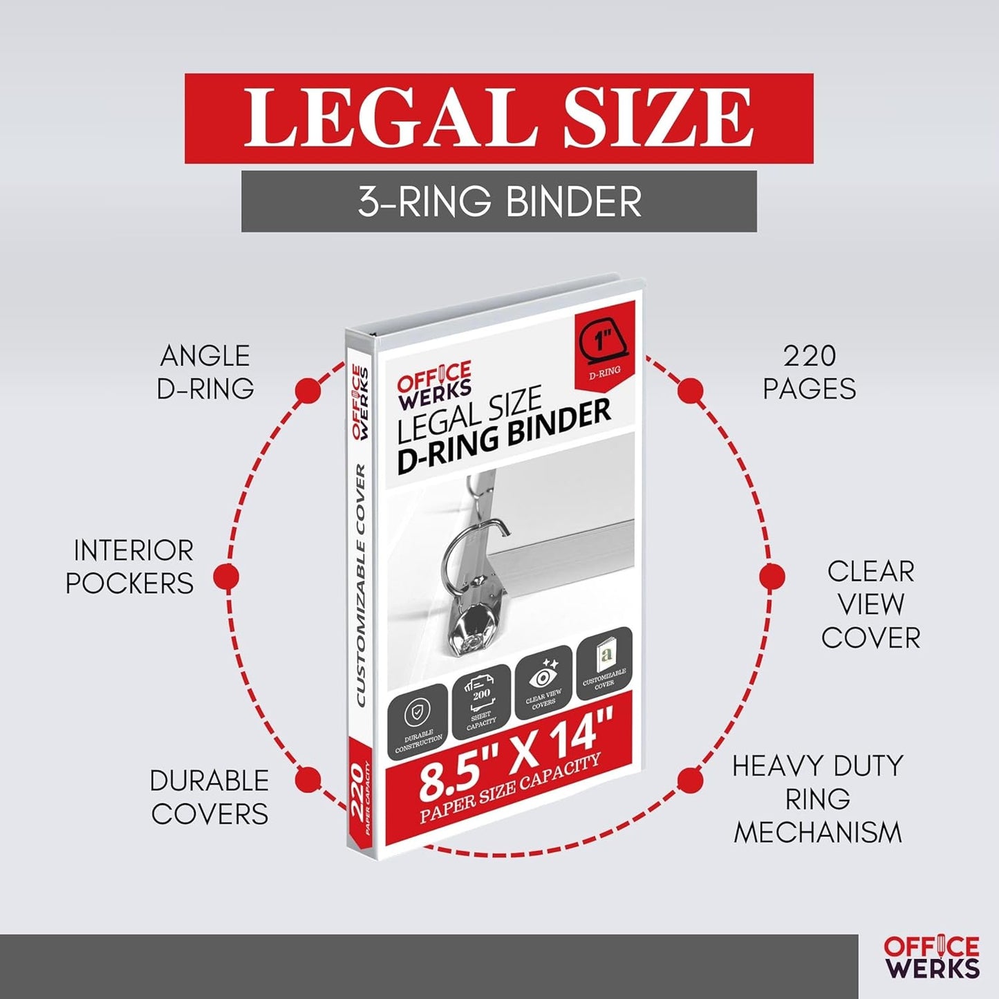 Office Werks Heavy Duty Legal Size View Binder - 14" x 8.5", White, 1 Inch D-Ring, Back Mount Binder