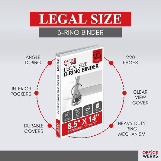 Office Werks Heavy Duty Legal Size View Binder - 14" x 8.5", White, 1 Inch D-Ring, Back Mount Binder