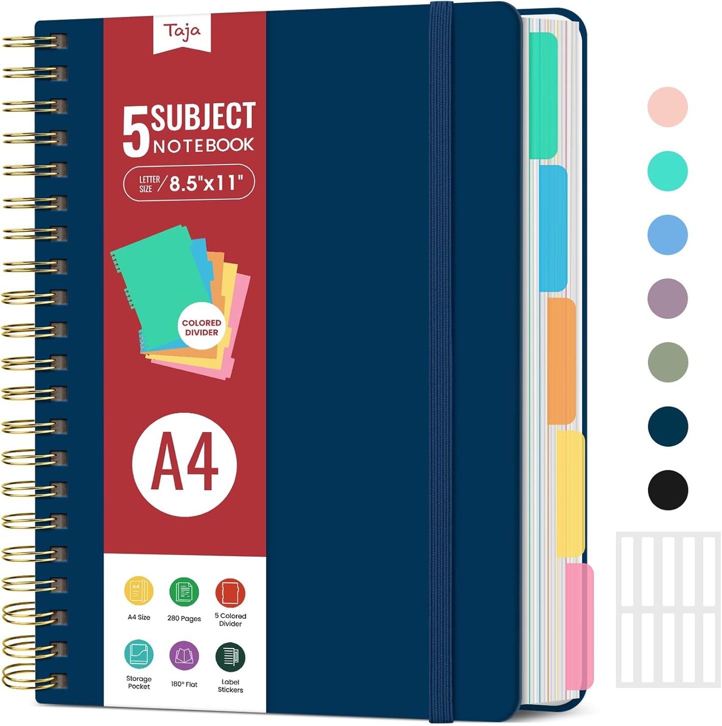 Hardcover Spiral Journal Notebooks for Work With Removable Dividers & Tabs, 8.5"x11" 5 Subject Notebook for Note Taking & Organizer, A4 College Ruled Lined Journal for Women & Writing, Aquamarine, 280 Pages