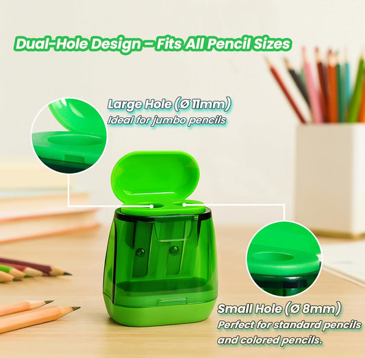 Pencil Sharpener Set (8 Pcs) – 4 Dual Hole Manual Sharpeners + 4 Pencil Top Erasers, Portable Pencil Sharpeners for Kids, Students & Teens, Colored & Jumbo Pencils, School & Classroom