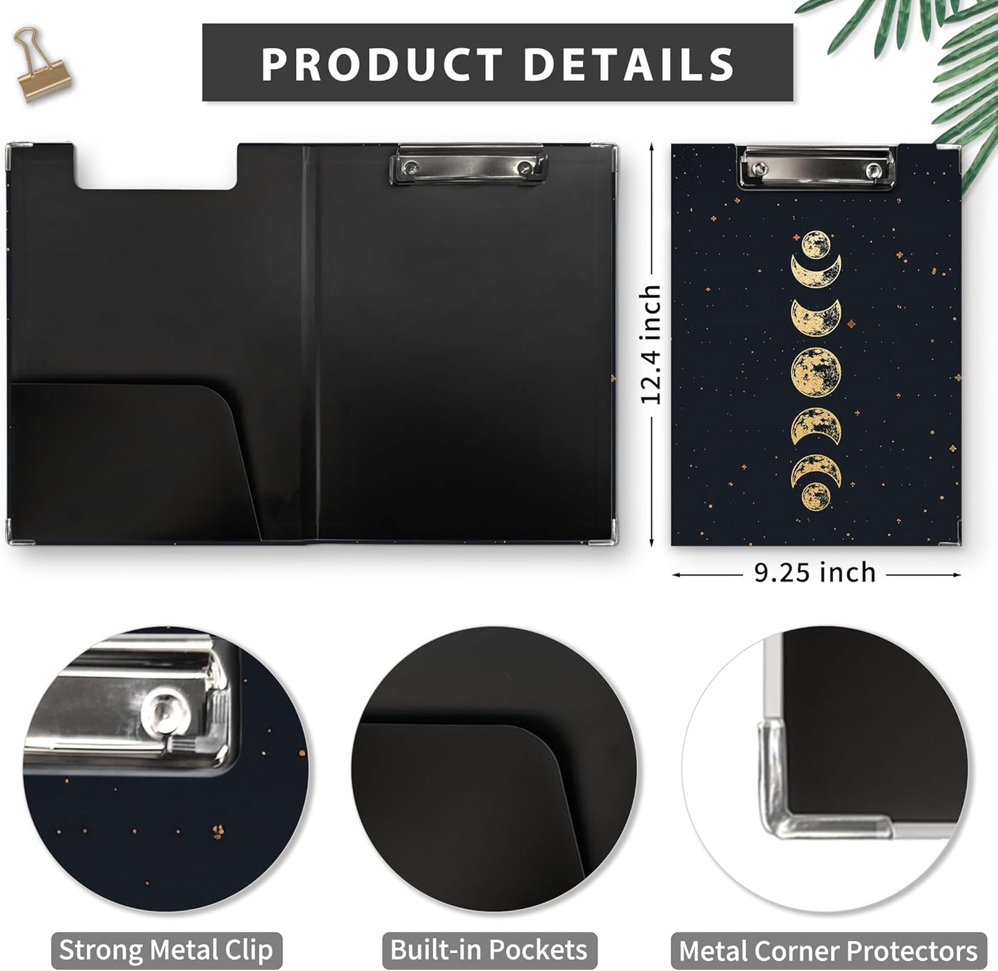 Gothic Moon Phase Clipboard Folio with Storage, Witchy Moon Decorative Clipboard Folder, Gothic Black Gold Clipboards for Women, Witchy Gifts Office Supplies, 12.4x9.2In
