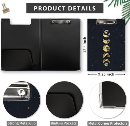 Gothic Moon Phase Clipboard Folio with Storage, Witchy Moon Decorative Clipboard Folder, Gothic Black Gold Clipboards for Women, Witchy Gifts Office Supplies, 12.4x9.2In