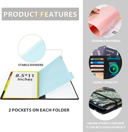 Ospelelf Clipboard with Storage for Women, Leather Padfolio Portfolio Organizer 5 Folders with 10 Pockets, Spiral Clipboard Folio with Notepad for Letter Size, Elastic Closure and Pen Loop Floral